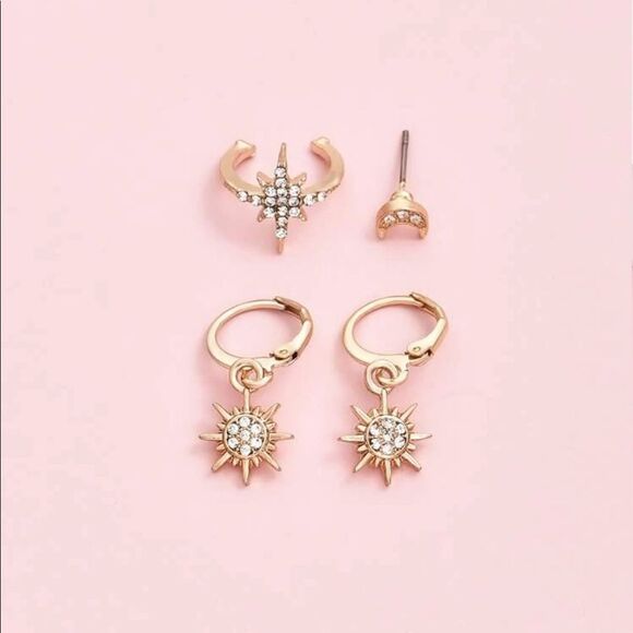 Bohemian Sun Moon Stars Celestial Faux Gold and Diamond Stud - Picture 2 of 5